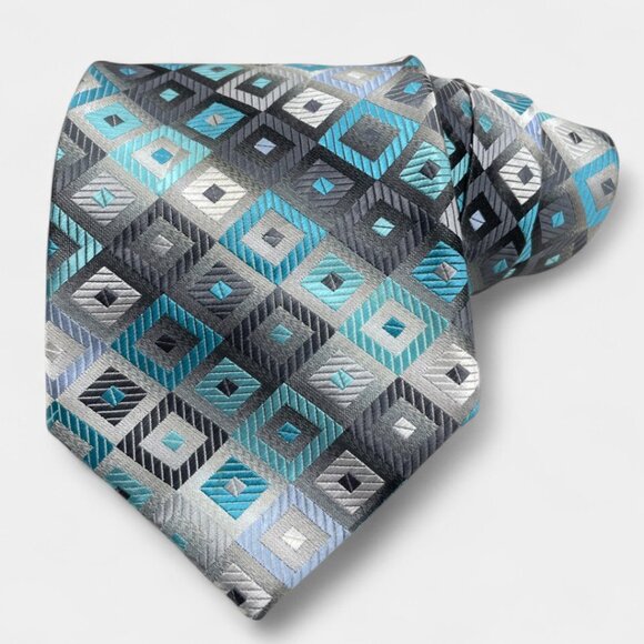 Croft & Barrow Tie Turquoise Silver Geometric Checker Formal Professional - Picture 2 of 6